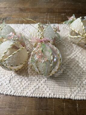 Handcrafted Victorian Style Pink & Ivory Floral Glass Ornament - Holiday- 6